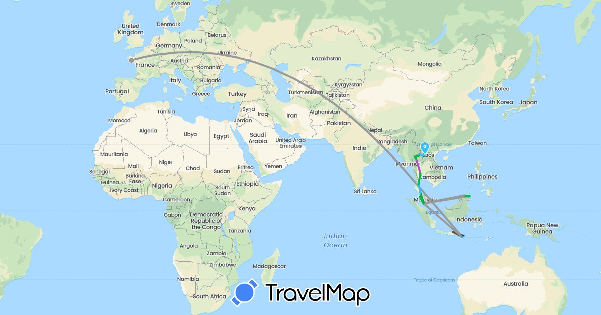 TravelMap itinerary: driving, bus, plane, train, boat, motorbike in France, Indonesia, Laos, Malaysia, Thailand (Asia, Europe)
